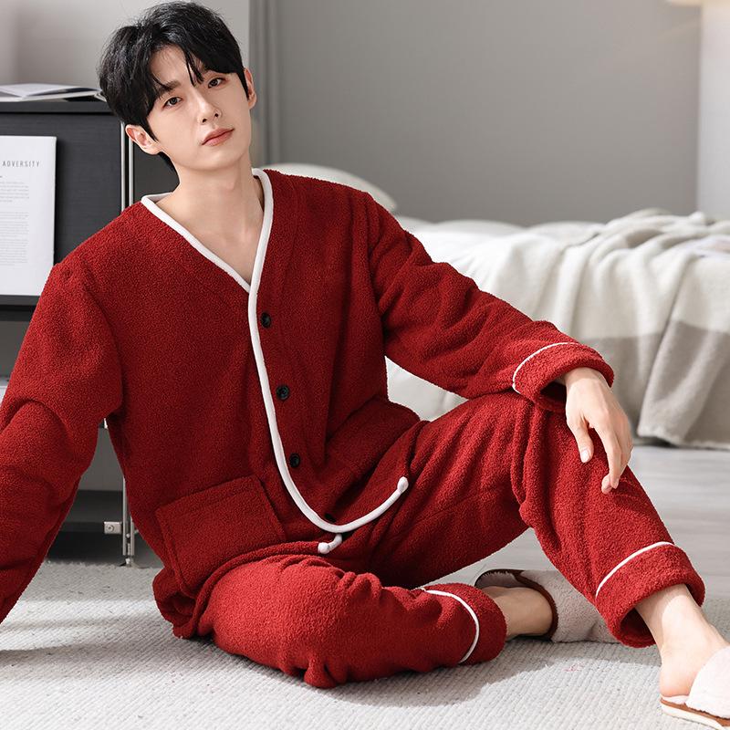 Красная пижама мужская осенне-зимняя с полукраем, флисовая, новогодняя, для дома, осенне-зимняя, утепленная флисом, из кораллового флиса, костюм