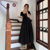 Summer 2025 Women's French Retro Black Swan Square Neck Hepburn Style Slim Waist Long Dress