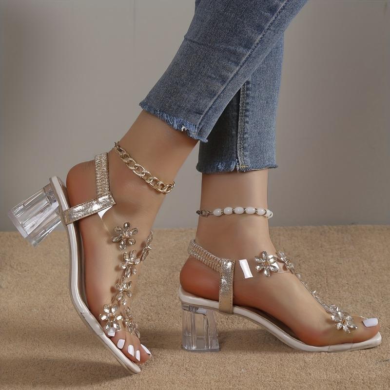 Rhinestone Flower Womens Heel Block Sandals Fashion Square Open Toe Elastic Strap Slip On High Heels Versatile Sandals
