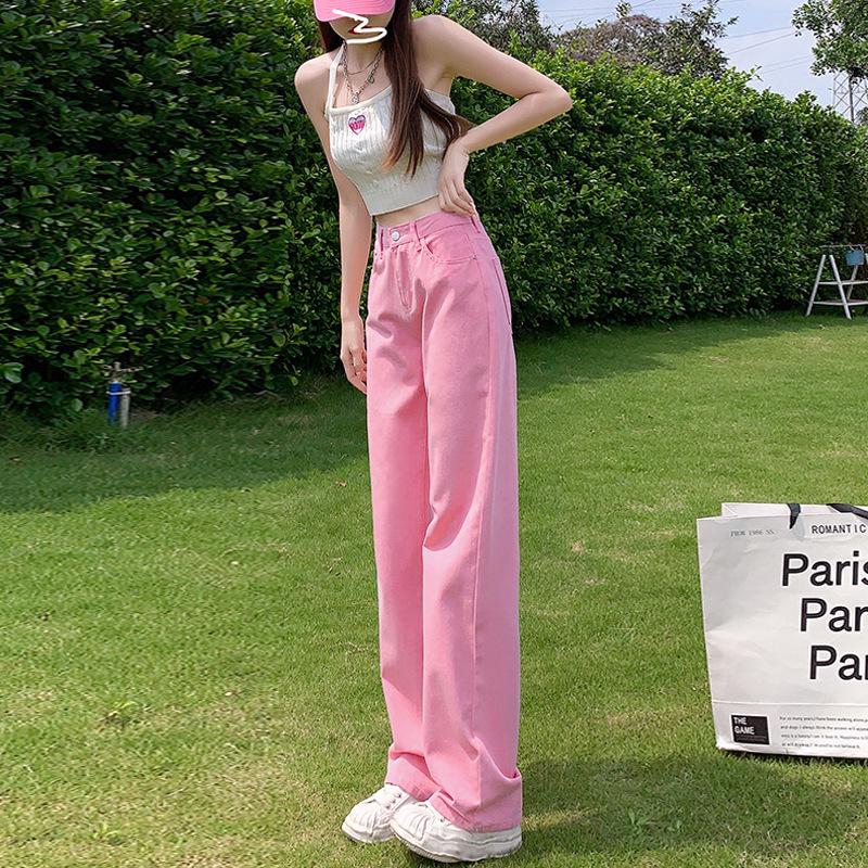 Женские розовые джинсы с высокой посадкой и широкими штанинами: Летние тонкие, свободного кроя, больших размеров, стройнящие, прямые брюки длиной до пола