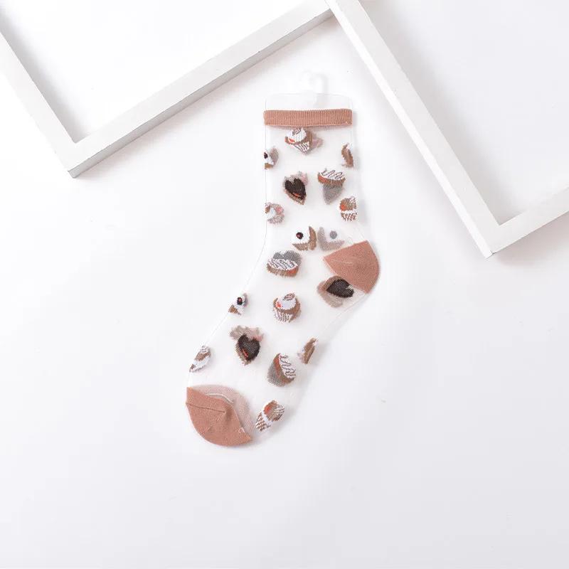 Summer Women Socks Ultra-thin Transparent Crystal Silk Socks Women Cartoon Print Japanese Kawaii Cute Funny Elastic Long Socks
