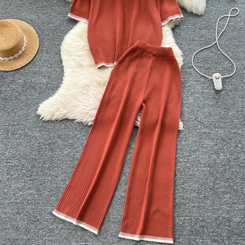 Летний женский трикотажный свитер, брюки, комплект из двух предметов, женский свитер с коротким рукавом, топ и брюки длиной до щиколотки, спортивный костюм