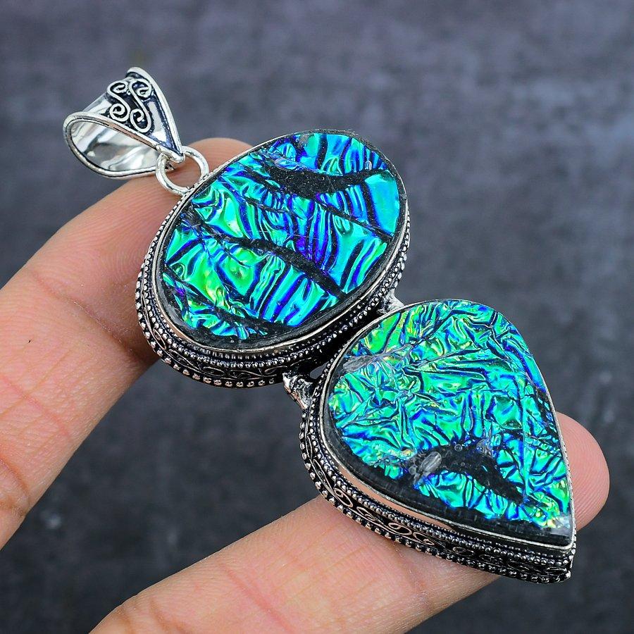 Дихроичное стекло Драгоценный камень Ручная работа 925 Стерлинговое серебро Ювелирная подвеска 3.15" W0s07