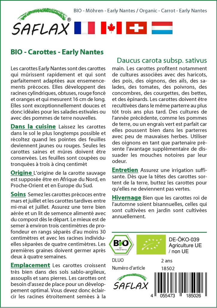 SAFLAX Garden in the Bag - Органический - Морковь - Ранний Нант - 1500 семян - С субстратом в подходящем мешке - Daucus carota