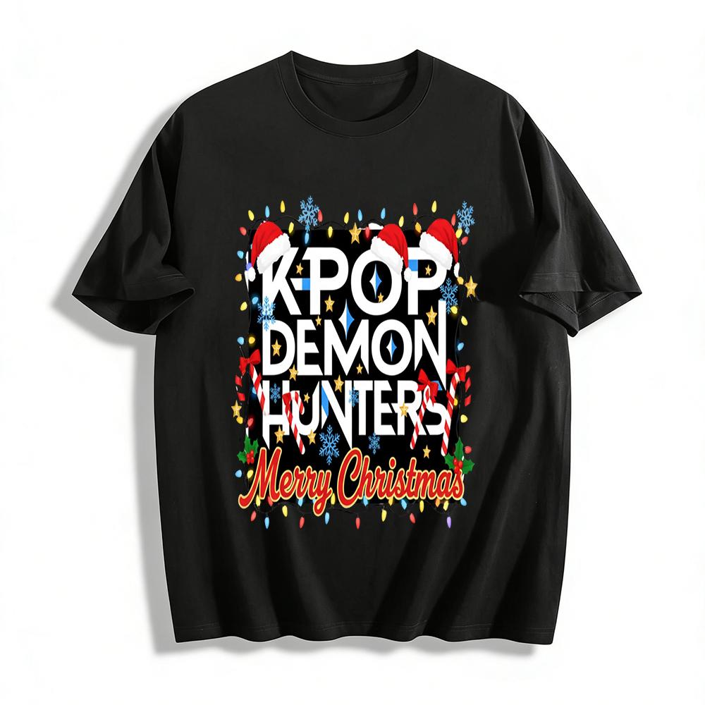 Рождественский лимитированный топ с принтом KPOP Охотники на демонов Для фанатов K-pop Праздничная атмосфера Верхняя одежда Футболка из чистого хлопка