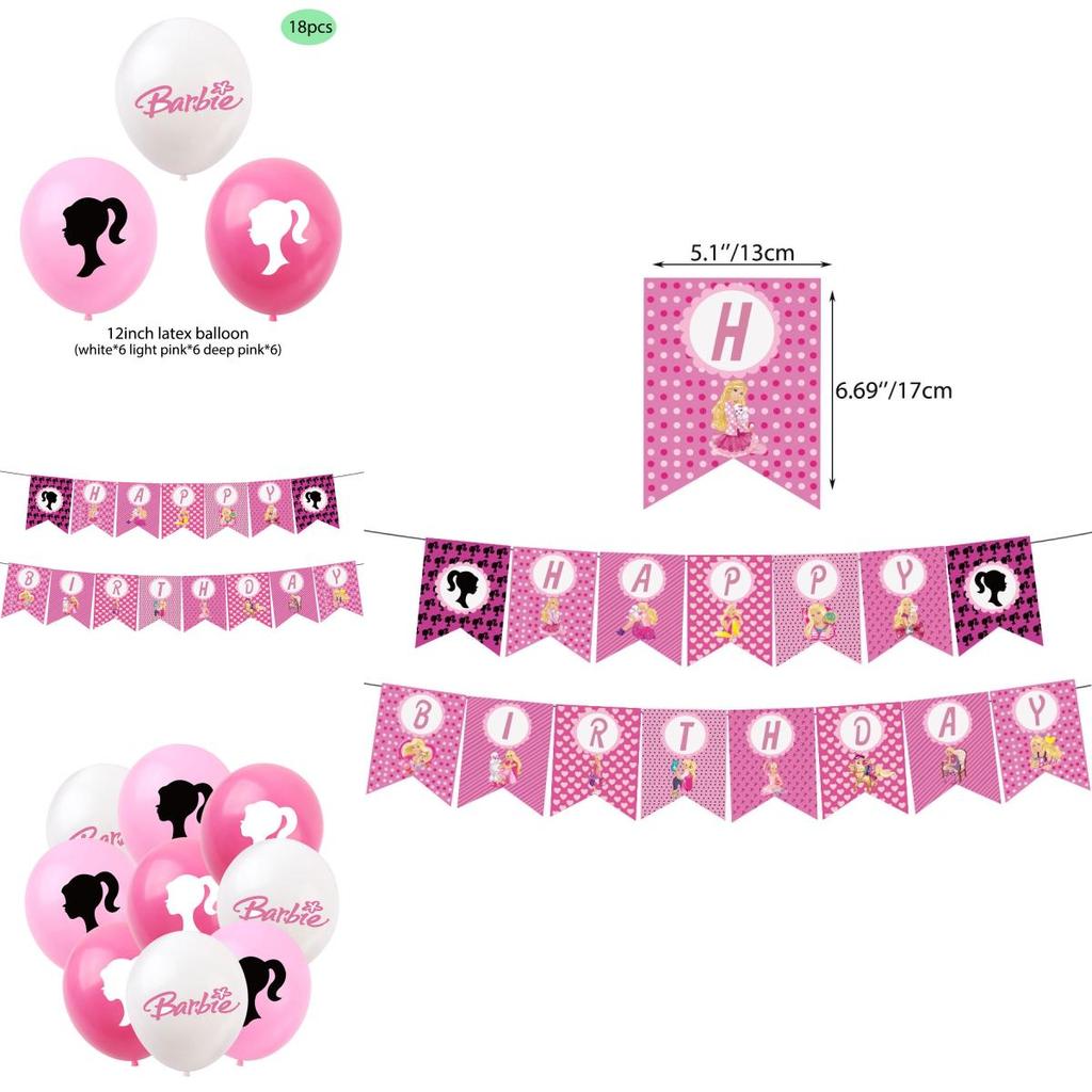 High Quality White Cardboard Material Barbie Doll Birthday Party Supplies Set With Cartoon Flags, Latex Balloons, And Cake Toppers
