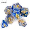 7 Pcs Blue Flowing Sand Golden Number Sharp Edge Resin Dice Polyhedral Dice Suitable for Role-Playing RPG Board Game