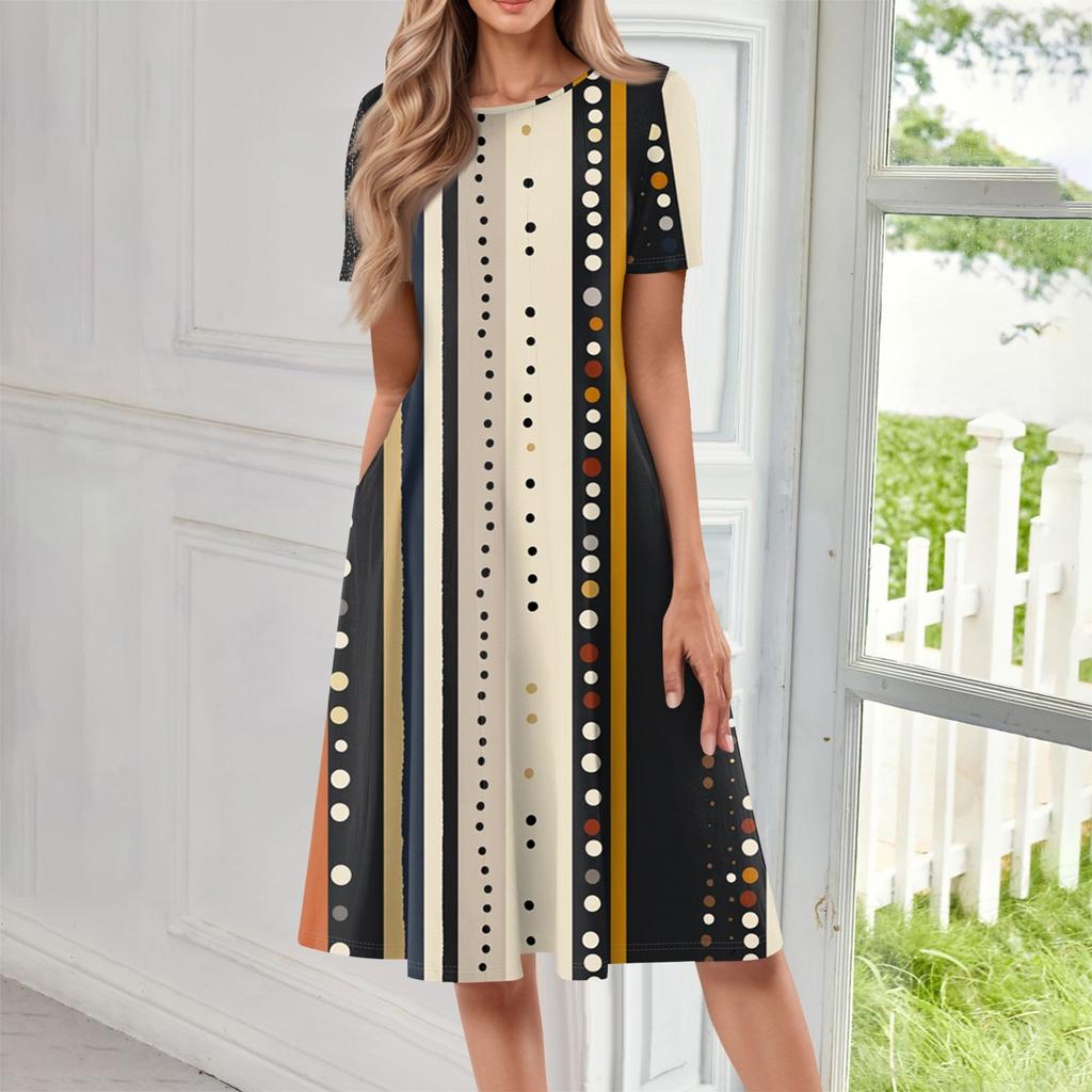 Women's Fashionable Print Round Neck Loose Short Sleeved Pocket Pullover Dress