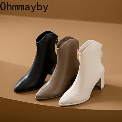 Мода Толстый каблук Женские короткие сапоги Модные остроносые утягивающие ботильоны Ретро стиль Осень Зима Женская обувь