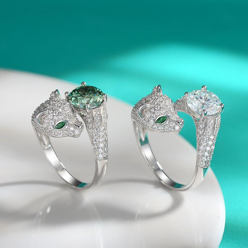 Moissanite Diamond Leopard Head Ring Color Real 925 Sterling Silver Animal Ring for Women Wedding Fine Jewelry
