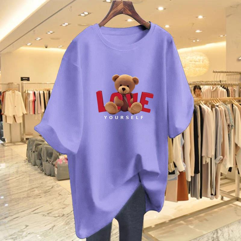 Женская летняя хлопковая футболка с принтом медведя - Корейский стиль, Свободный крой, Короткий рукав