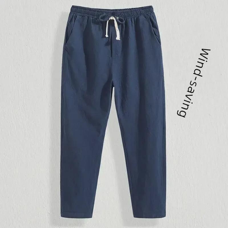 Men's Lightweight Linen Blend 9-Point Casual Trousers - Loose, Straight-Fit Summer Pants for Youth.