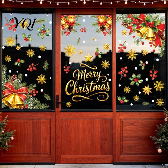 Kitchen Window Decorations 4PCS Christmas Static Stickers with Gold Bell Print, Reusable Waterproof PVC Classroom Decorative Accents Decals,