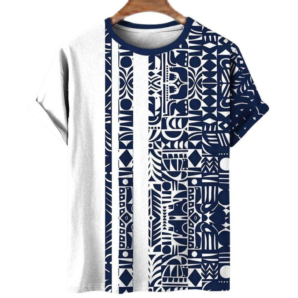 Геометрический полосатый узор, летний напечатанный высококачественный мужской топ, повседневный, простой, повседневный, модная рубашка свободного покроя с круглым вырезом и коротким рукавом