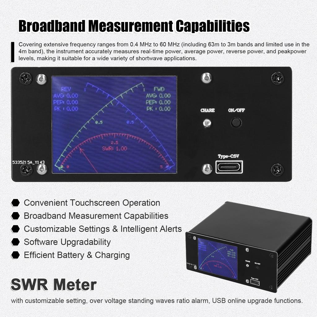 Full Touchscreen Shortwave Power Meter Portable Standing Waves Meter with Over Voltage Standing Waves Ratio Alarm