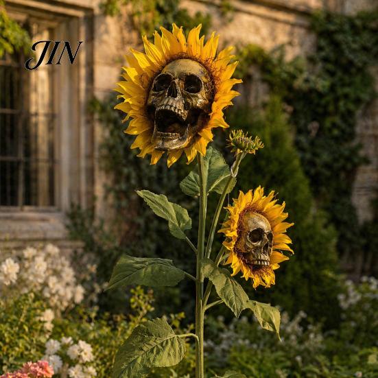 Halloween Lawn Decoration Sunflower Skull Ornament, Theme Garden Decor, Potted Skeleton Flower Pot Plant Waterproof Outdoor Decoration, for Patio Yard