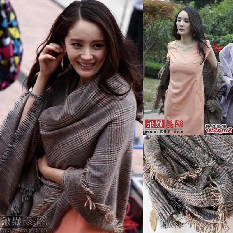 Yang Mi Shawl Women's Autumn and Winter Warmth Imitation Cashmere Thickened Short Beard British Plaid Scarf Light Luxury