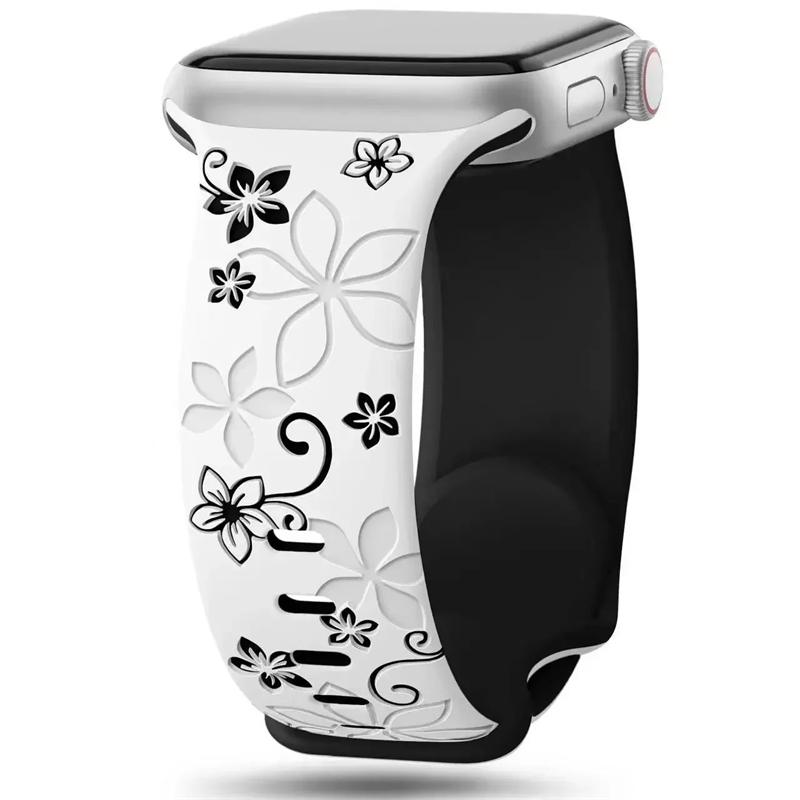 Floral Engraved Strap For Apple Watch Band 46mm 49mm 45mm 44mm 42mm 41mm 40mm 38mm Silicone Sport Bracelet iWatch Series 10 SE 9 8 7 6 Ultra 2