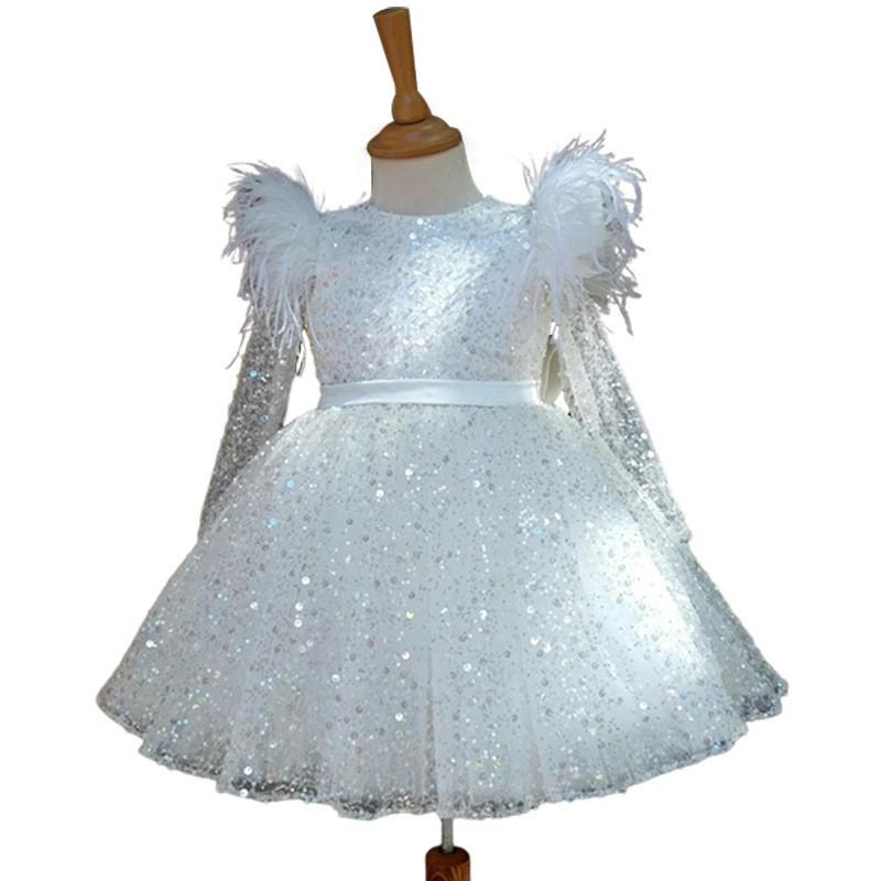 Girls Long Sleeve Tulle Dress With Feathers Sequins Bow Birthday Party Wedding