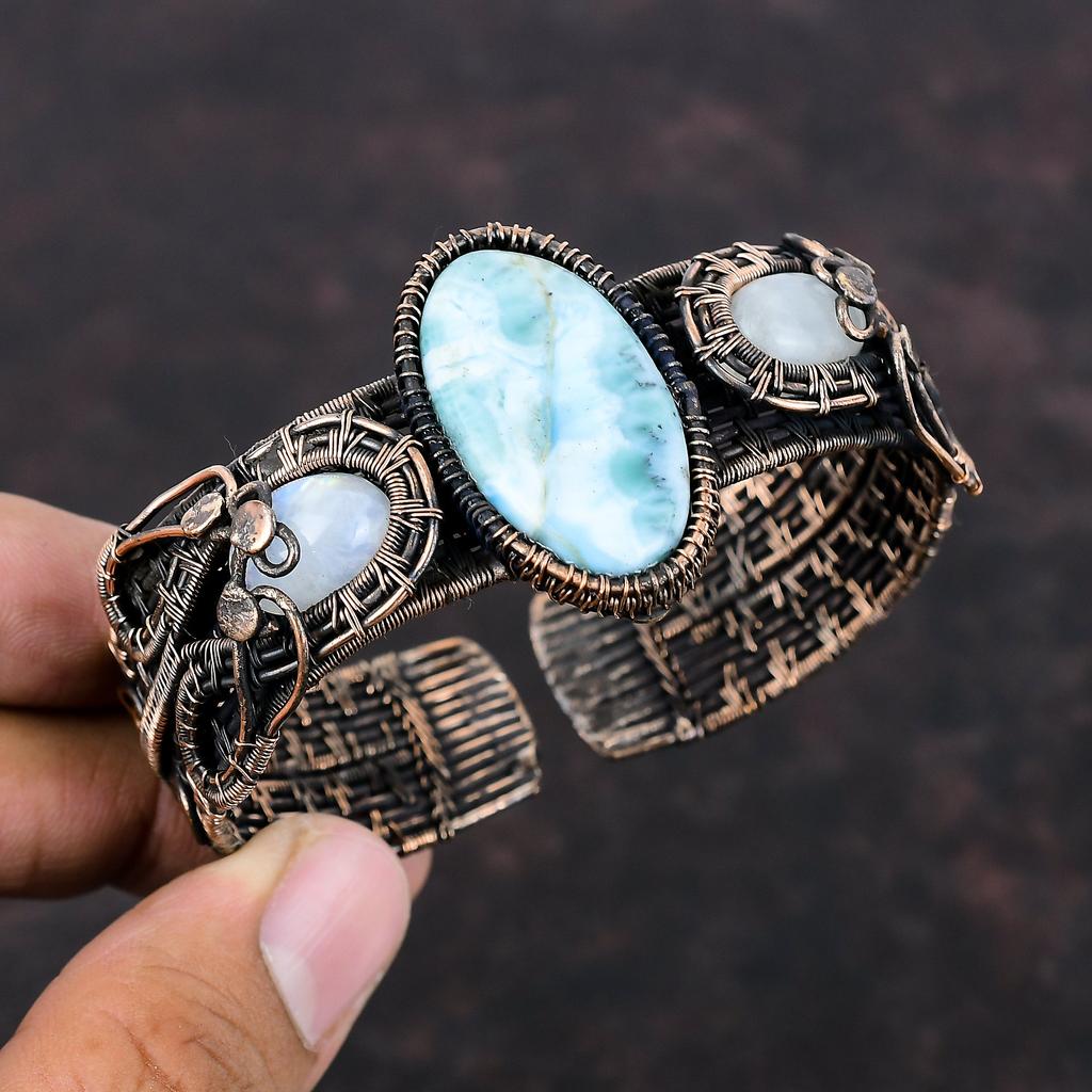 Larimar Cuff Bracelet Copper Wire Wrapped Adjustable Bangle Rainbow Moonstone Gemstone Bangle Copper Jewelry Gift For Her Handmade Bracelet