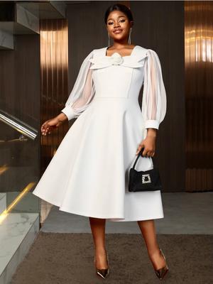 Элегантное женское белое миди-платье А-силуэта с 3D-цветком, квадратным вырезом, длинными прозрачными рукавами, плиссировкой, классное вечернее платье для вечеринки, свадьбы, гостя