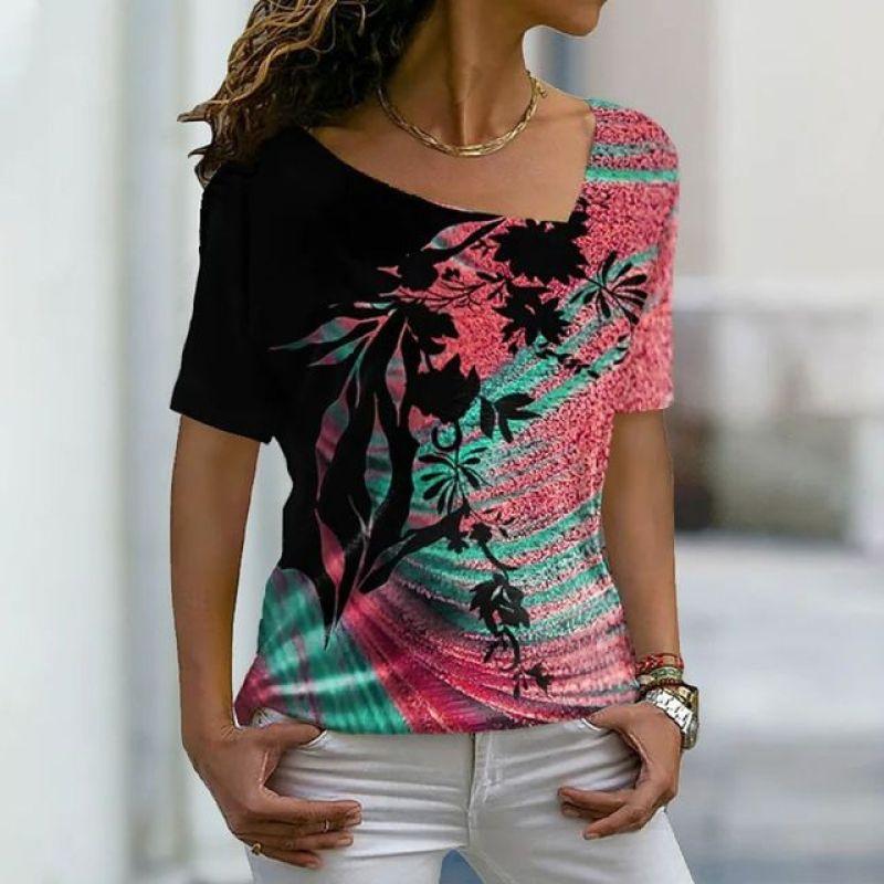 Новые женские футболки, цветочный принт, женская одежда, топы с короткими рукавами, толстовки с v-образным вырезом, уличная одежда, большие футболки, женские футболки