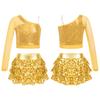 Kids Girls Dance Stage Performance Costume Sparkly Sequins Long Sleeve One Shoulder Top with Tiered Ruffle Skirted Shorts
