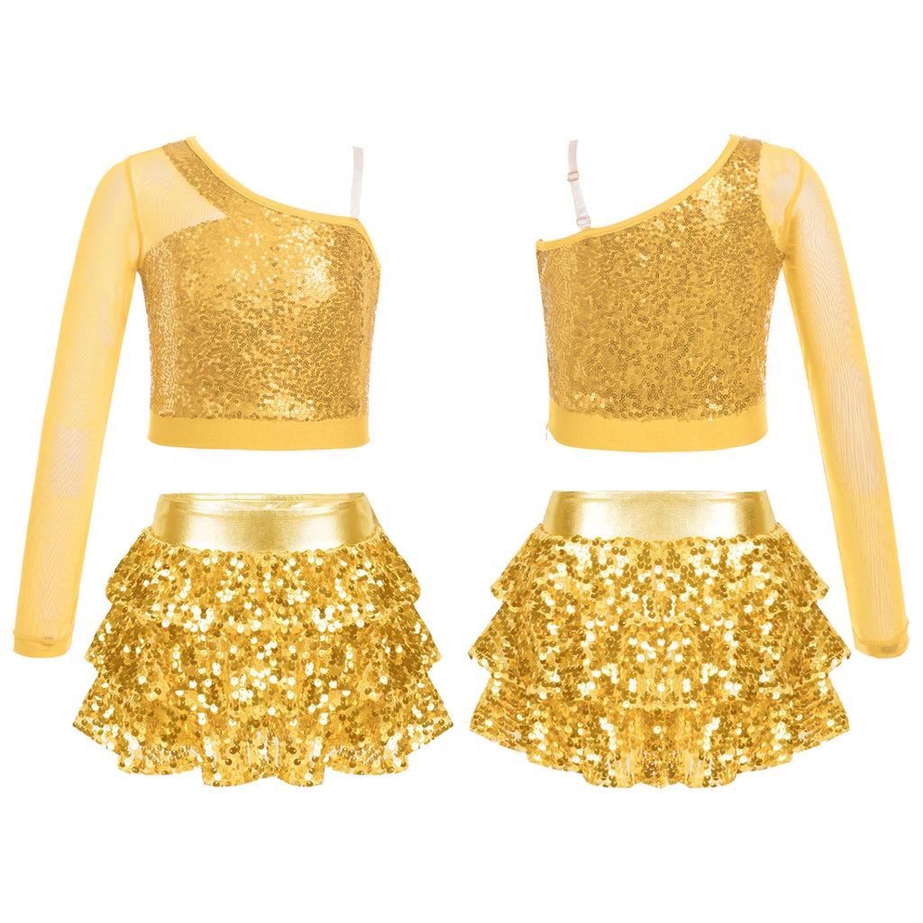 Kids Girls Dance Stage Performance Costume Sparkly Sequins Long Sleeve One Shoulder Top with Tiered Ruffle Skirted Shorts