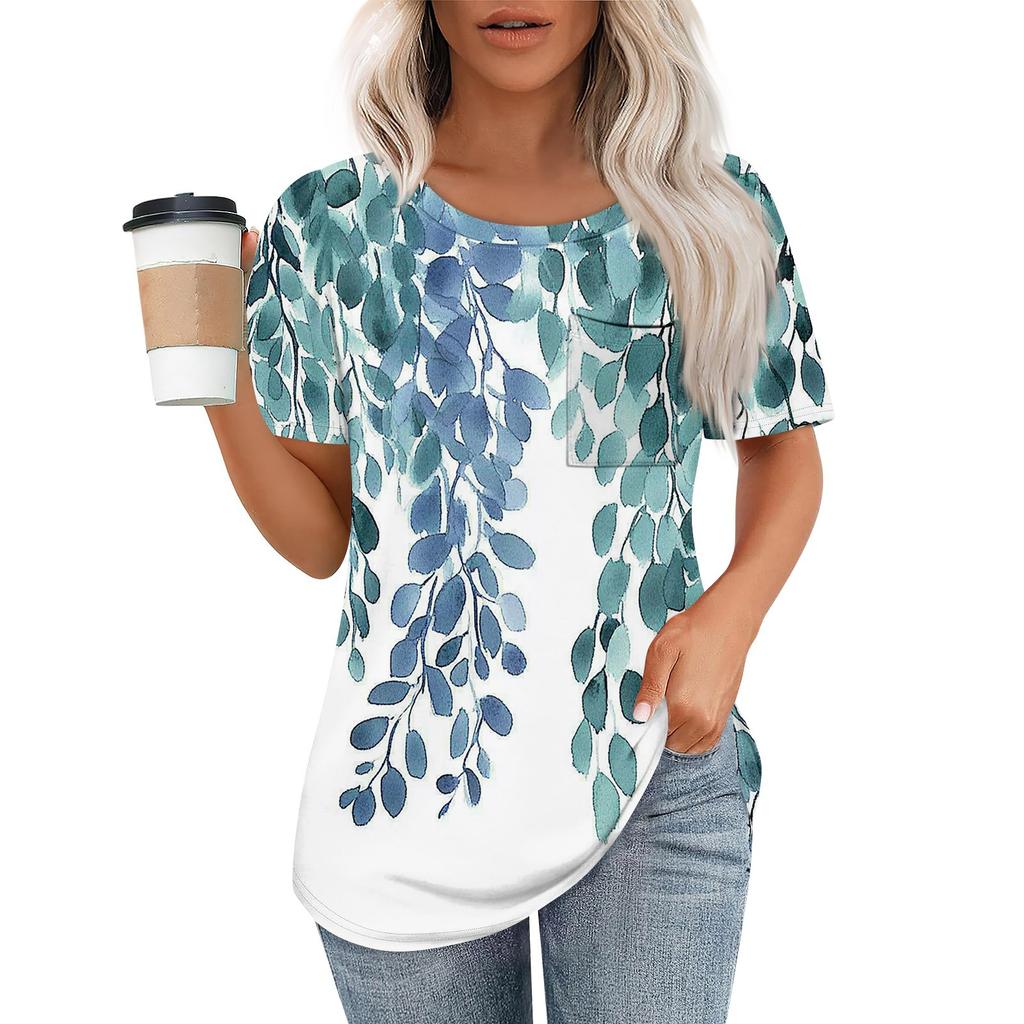 T Shirts For Women Pleated Round Neck Dressy Casual Blouses Printing Short Sleeve Summer Tops Loose Fit