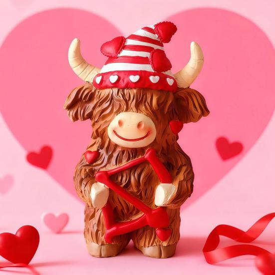 2 Pcs Valentine's Day Highland Cow Statue Cute Resin Highland Cow Figurine with Heart And Cupid Arrow for Tabletop Indoor Tiered Tray Shelf Decor