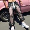 Men Elastic Zip-up Waist Stitching Mesh Sheer Long Harem Pants Partywear