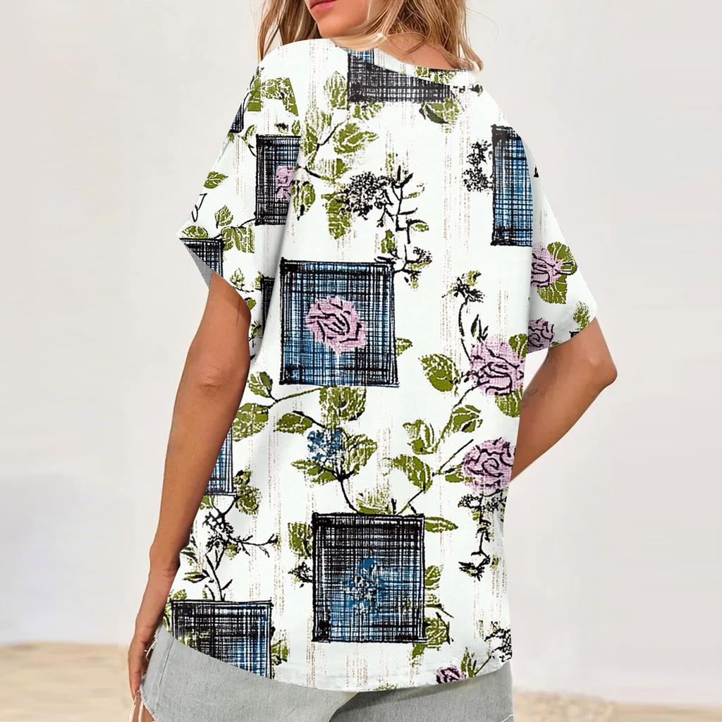 Womens Short Sleeve V-Neck Shirts Floral Print Loose Casual Basic Tees Summer Tops