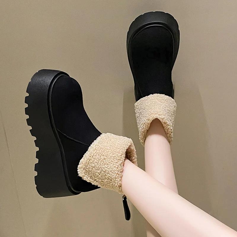 Ботильоны женские на меховой платформе, замшевые короткие, плюшевые, на среднем каблуке, хлопковые туфли, тренд 2025 года, теплая повседневная зимняя обувь, новые женские ботинки