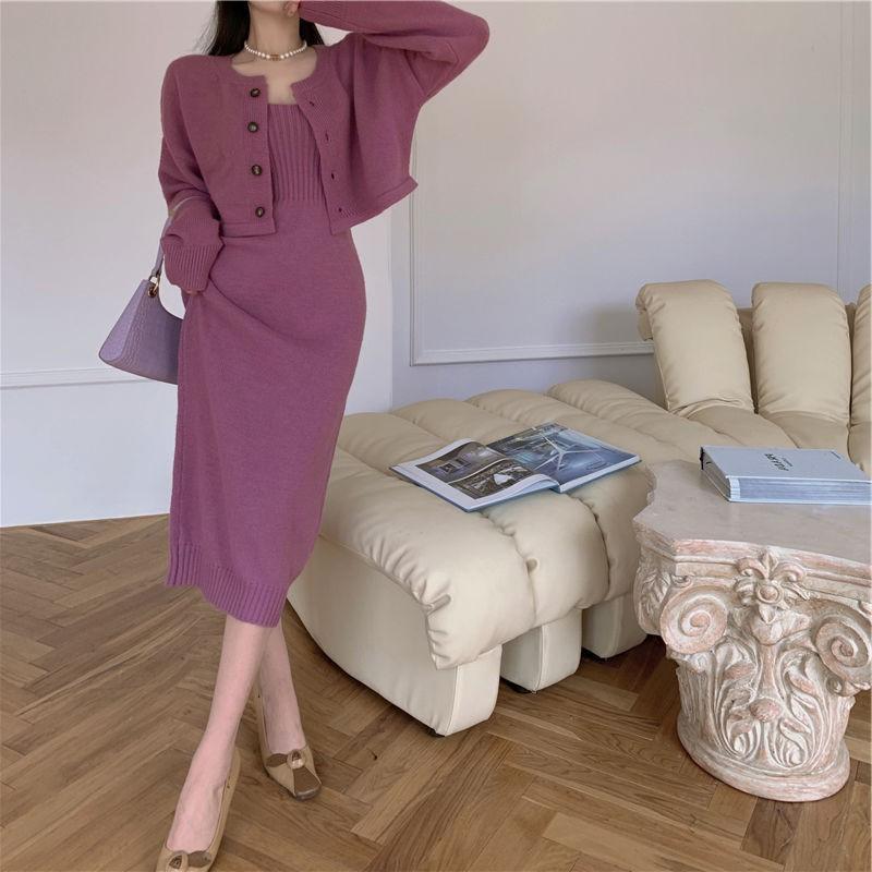 Elegant Knit Long Sleeve Top A-Line Midi Dress Set Women Slim Fit High Waist Two-Piece Outfit Pure Color Casual Chic