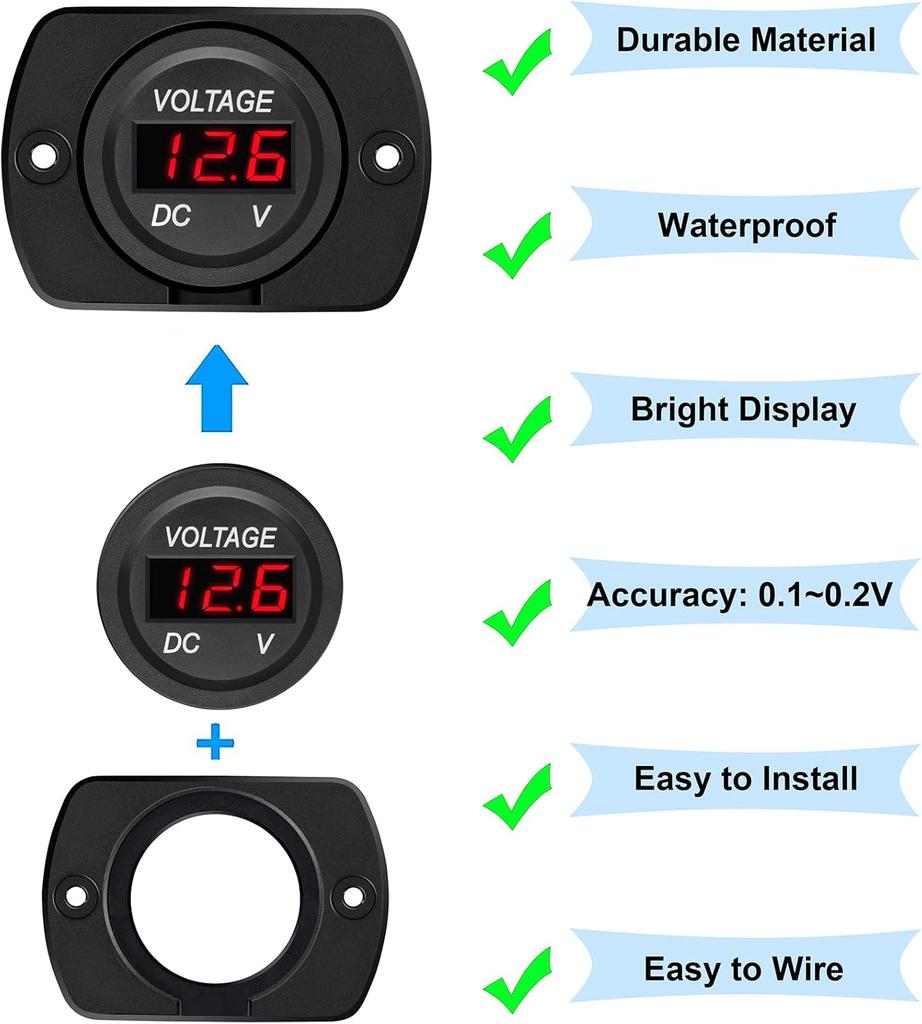 2 Pack DC 12V 24V Waterproof Car Voltmeter LED Digital Display Panel, Round Voltage Gauge with Terminals for Car/Motorcycle/Travel Trailer/Truck/Boat