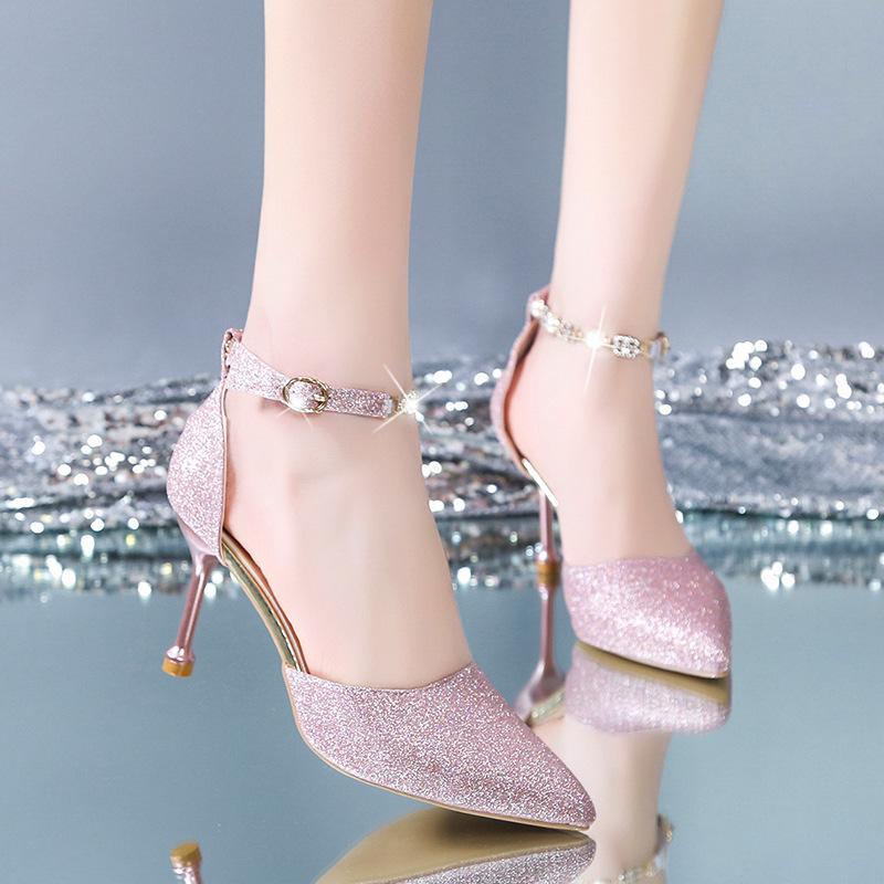 High heels women's summer 2024 new pointed head light mouth stiletto word with rhinestone silver bridal wedding shoes sandals