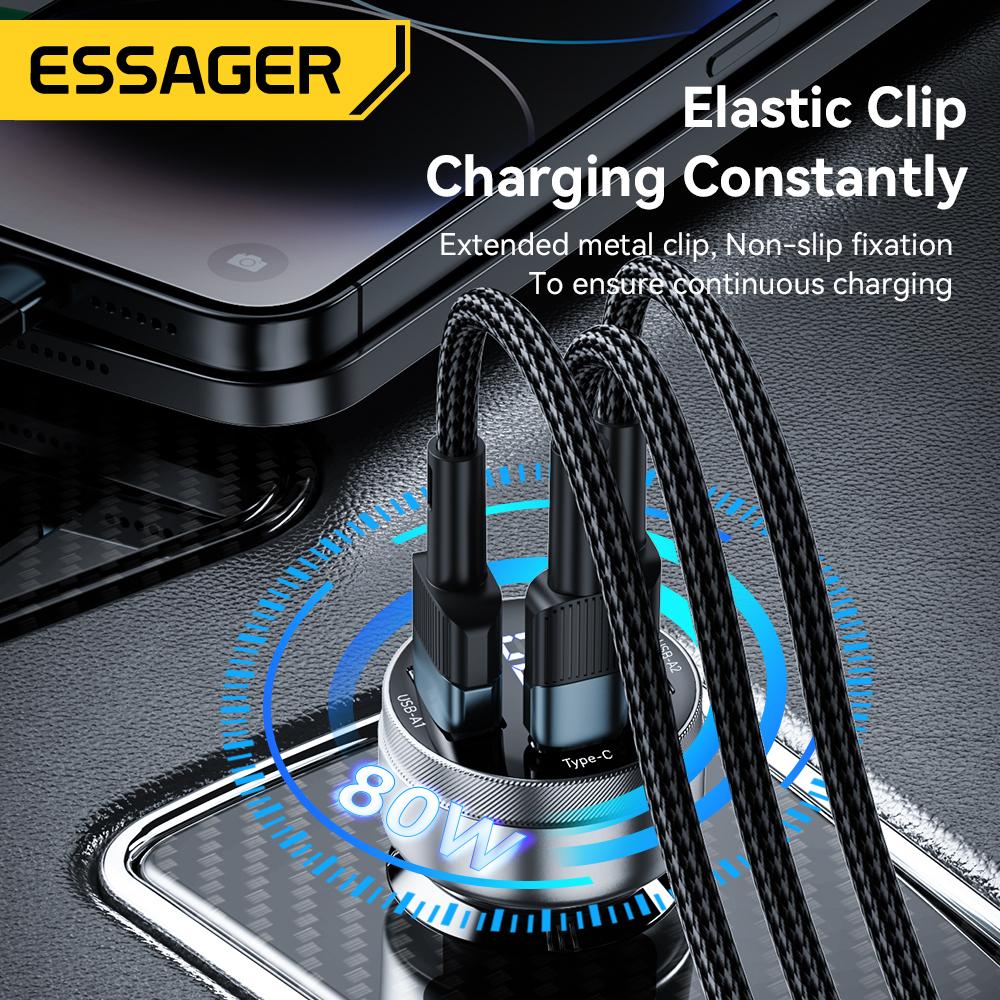 Essager Автомобильное зарядное устройство 80 Вт, USB Type C PD, быстрая зарядка телефона, быстрая зарядка для iPhone 14, 13, Huawei, Xiaomi, Samsung, iPad, ноутбука, планшета