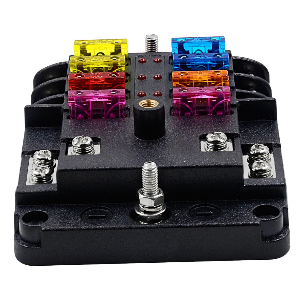 Waterproof 12 Volt Fuse Block, 6 Way with 6 Ground Negative Busbar[100 Amp Max] [ATC/ATO Fuses] [LED Indicator] [2 Spare Fuse Slots] for Car Boat Etc.