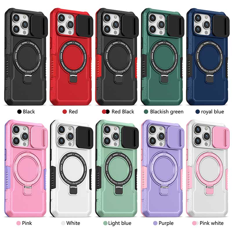 Armor Stand Holder Full Slide Cap Phone Case For IPhone 15 14 13 12 11 Pro Max Plus Magsafe Wireless Charge Magnetic Cover