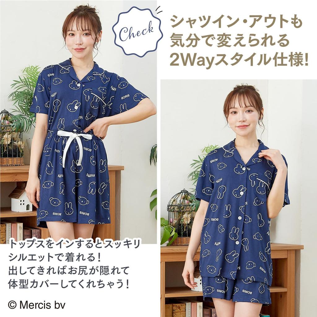 Luanna Jena Miffy Pajama Short Sleeve Shirt and Size QWMI05 Women's Set, Shorts, Spring/Summer, (L, Navy)