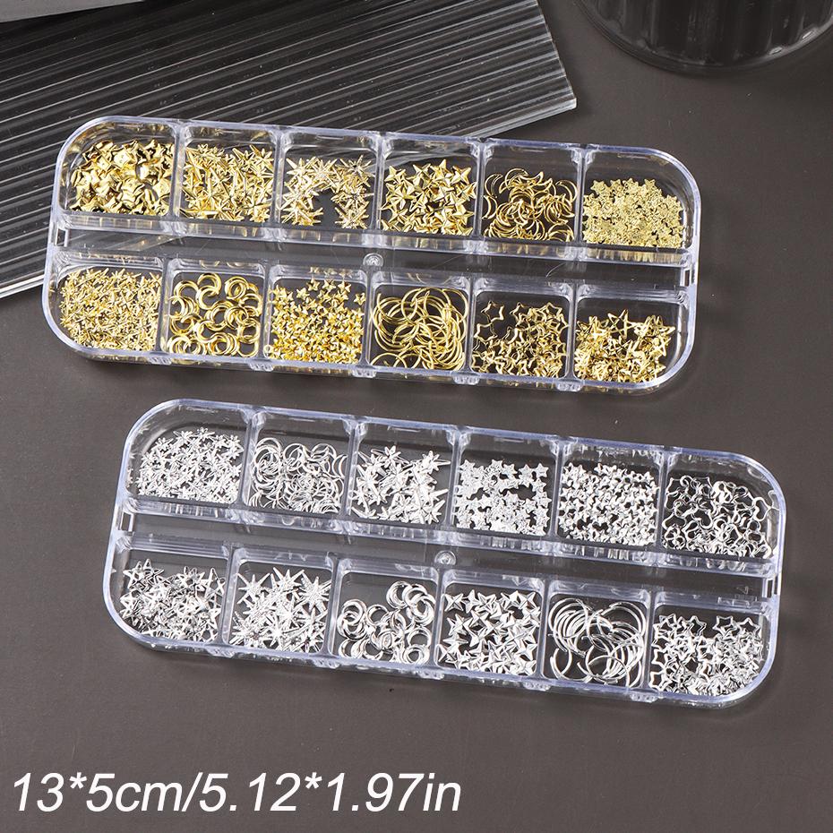 Xiaomi 12 Grids Golden Silvery Starlight Nails Art Charms Moon Cross Star Design Alloy Studs Nail Art Decoration DIY Manicure Supplies