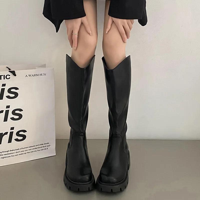 Зимние новые брендовые женские длинные сапоги, модные круглые носки, молнии, женские элегантные сапоги до колена с толстой подошвой, обувь 2024