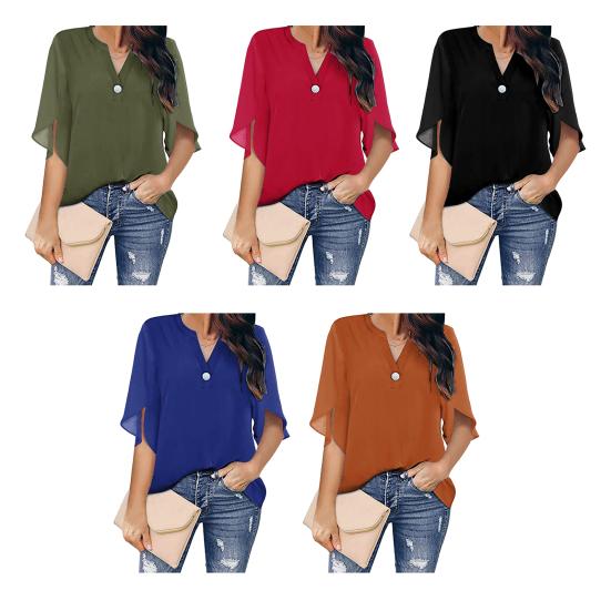 Yousheng Women Tops V-Neck Button Decor Half Sleeve Chiffon Blouse Solid Color Loose Fit Breathable Shirt Tops Daily Wear