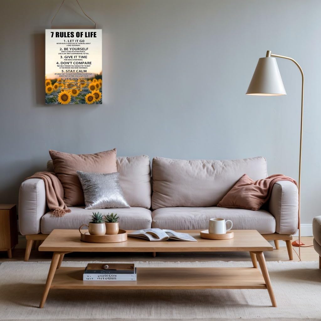 Motivational Wall Decor for Office & Classroom - 7 Rules of Life pirational Positive Affirmations Wall Art, Sunflowers Uplifting Quotes Canvas