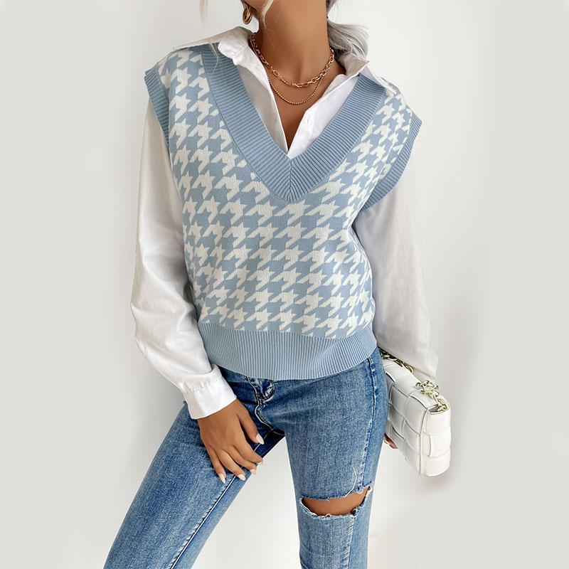 YYFS Women's Fashion Casual Houndstooth Print Autumn Winter Sleeveless V-Neck Sweaters