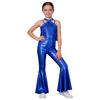 Kids Metallic Disco Dance Bodysuit: Sleeveless Sequins Tassels Jumpsuit with Back Invisible Zipper & Flared Pants