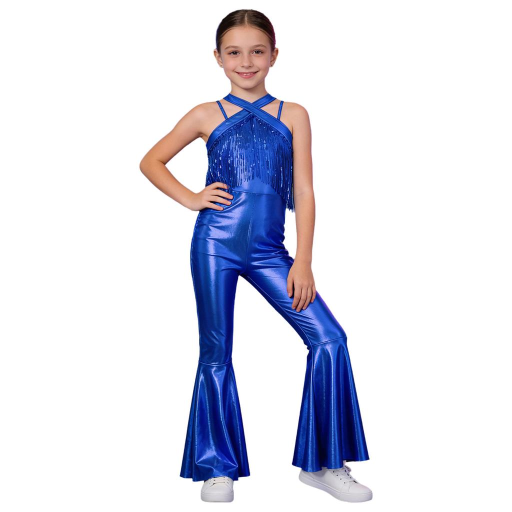 Kids Metallic Disco Dance Bodysuit: Sleeveless Sequins Tassels Jumpsuit with Back Invisible Zipper & Flared Pants