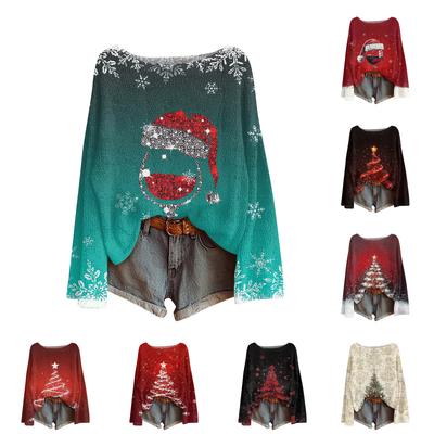 Женский модный повседневный трикотажный свитер с длинным рукавом и рождественским принтом, круглый вырез