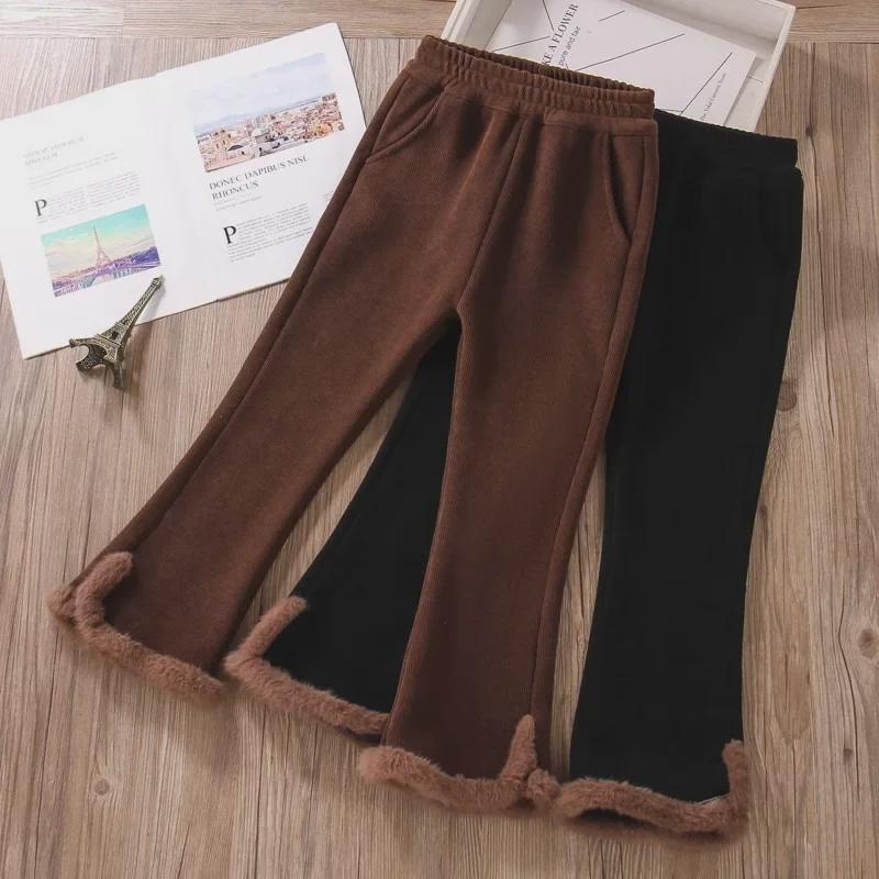 Модные прямые повседневные брюки на бархатной подкладке для девочек 2023 года для детей старшего возраста