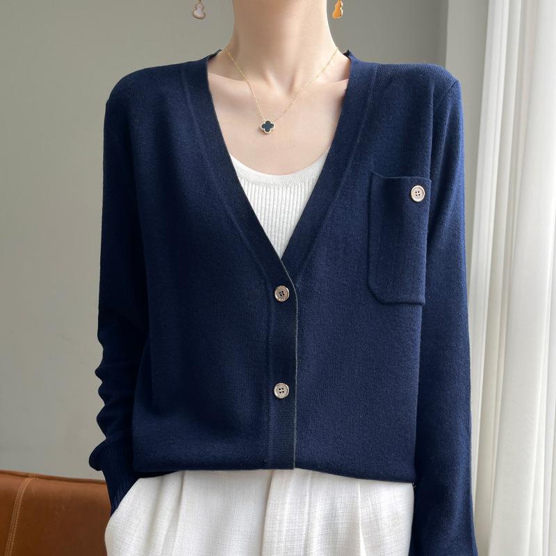 Вязаный кардиган с длинным рукавом Женская короткая куртка Свитер Высокий дизайн Нишевый Свободный Тонкий V-образный вырез Топ